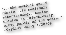 “...the musical grand finale...is sublimely entertaining...Camina creates an infectiously witty parody of the genre."
-Gaylist Daily 1/20/09